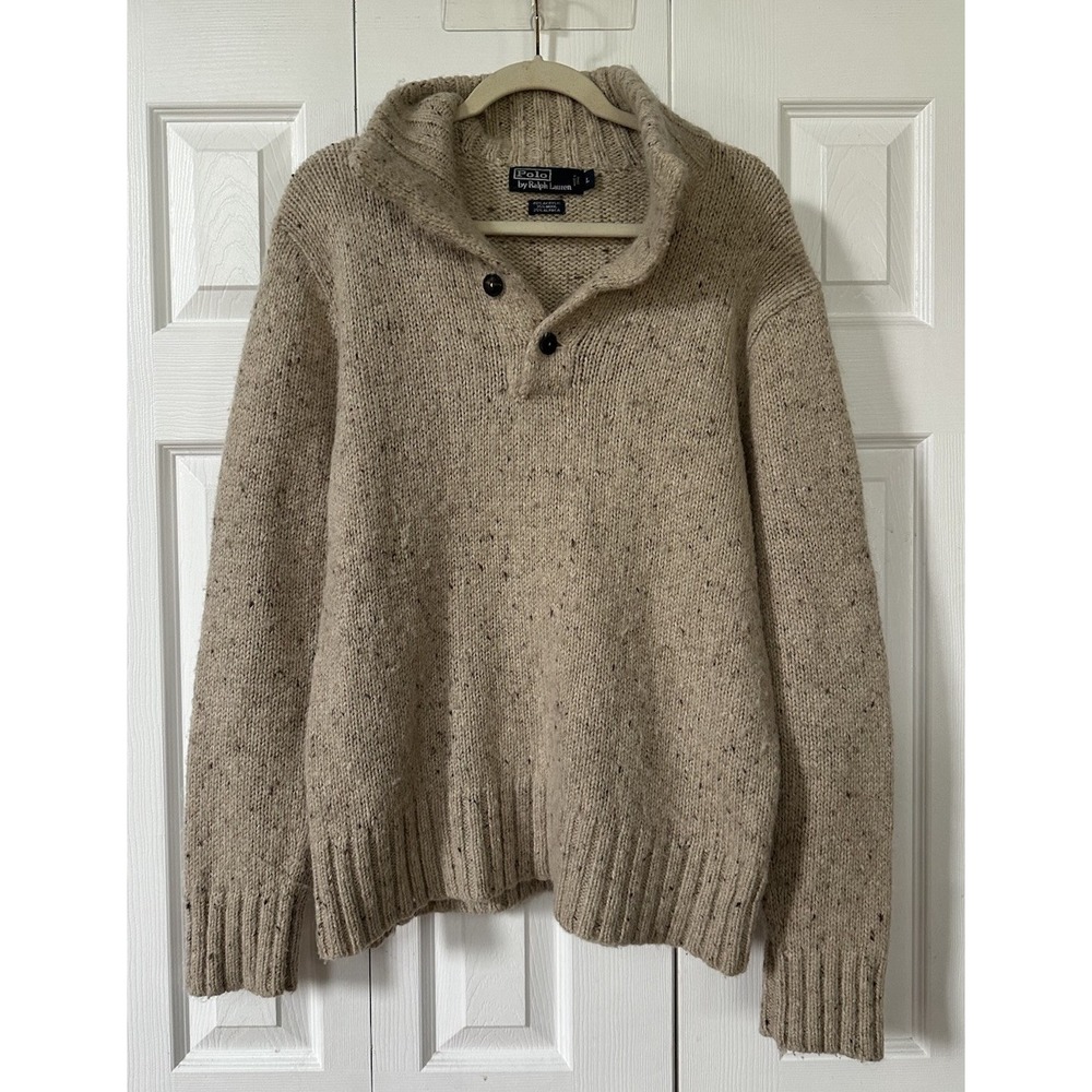 VTG Polo Ralph Lauren Wool Alpaca Shawl Collar Sweater L Shoulder Ivory